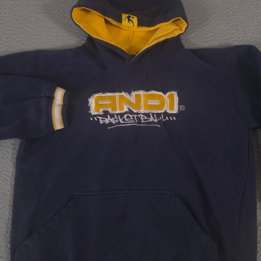 VINTAGE AND1 Hoodie Boys Size L 14/16 Navy Blue Embroidered Logo Fleece 90s Y2K